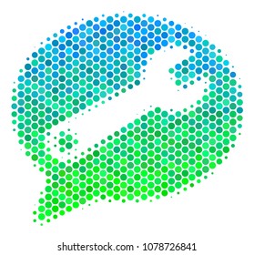 Halftone round spot Service Message icon. Pictogram in green and blue color tones on a white background. Vector collage of service message icon constructed of circle spots.