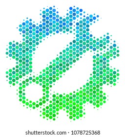 Halftone round spot Service Tools icon. Pictogram in green and blue color hues on a white background. Vector composition of service tools icon composed of round dots.