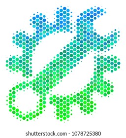 Halftone round spot Service Tools pictogram. Icon in green and blue color hues on a white background. Vector pattern of service tools icon organized of circle spots.