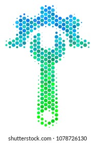 Halftone round spot Service Tools pictogram. Pictogram in green and blue color tones on a white background. Vector concept of service tools icon combined of circle pixels.