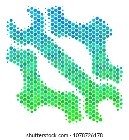 Halftone round spot Service Tools pictogram. Pictogram in green and blue color tinges on a white background. Vector composition of service tools icon combined of circle elements.