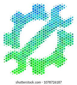 Halftone round spot Service Tools pictogram. Pictogram in green and blue shades on a white background. Vector mosaic of service tools icon created of round spots.
