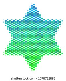 Halftone round spot Six Pointed Star icon. Pictogram in green and blue color tinges on a white background. Vector composition of six pointed star icon constructed of circle items.