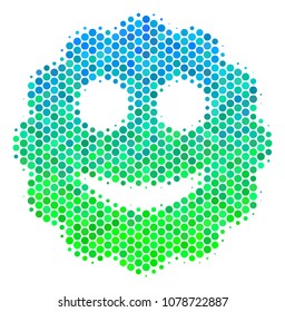 Halftone round spot Smiled Sticker icon. Icon in green and blue color tones on a white background. Vector composition of smiled sticker icon combined of sphere blots.