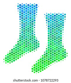 Halftone round spot Socks pictogram. Pictogram in green and blue shades on a white background. Vector composition of socks icon created of circle blots.