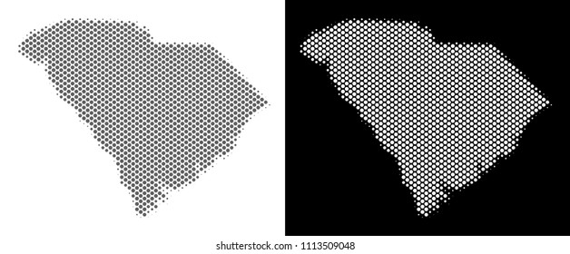 Halftone round spot South Carolina State map. Vector geographic maps in gray and white colors on white and black backgrounds. Abstract concept of South Carolina State map organized of circle dots.