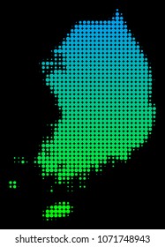 Halftone round spot South Korea Map. Vector territorial map in green-blue gradient colors on a black background. Vector concept of South Korea Map organized of circle elements.