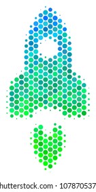 Halftone round spot Space Rocket icon. Icon in green and blue color hues on a white background. Vector pattern of space rocket icon composed of circle items.