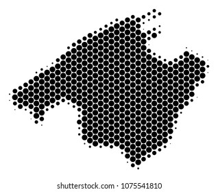 Halftone round spot Spain Mallorca Island Map. Vector geographical map on a white background. Vector concept of Spain Mallorca Island Map done of sphere elements.