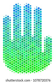 Halftone round spot Stop Hand pictogram. Pictogram in green and blue shades on a white background. Vector mosaic of stop hand icon composed of circle spots.