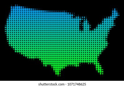 Halftone round spot USA Map. Vector geographic map in green-blue gradient colors on a black background. Vector mosaic of USA Map composed of circle elements.