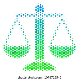Halftone round spot Weight Scales icon. Pictogram in green and blue color hues on a white background. Vector pattern of weight scales icon done of spheric blots.