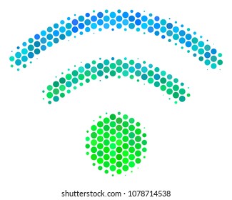 Halftone round spot Wi-Fi pictogram. Pictogram in green and blue shades on a white background. Vector pattern of wi-fi icon created of sphere blots.