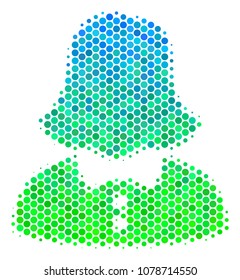 Halftone round spot Woman pictogram. Pictogram in green and blue color hues on a white background. Vector composition of woman icon composed of spheric elements.