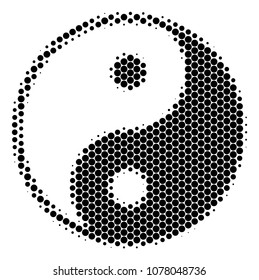 Halftone round spot Yin Yang icon. Pictogram on a white background. Vector collage of yin yang icon designed of spheric spots.