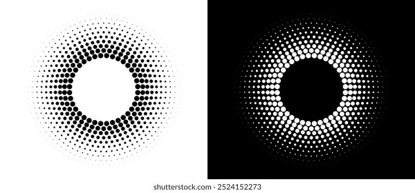 Halftone round as sun icon or background. Abstract vector circle frame with dots as logo or emblem. Black shape on a white background and the same white shape on the black side.