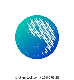 Halftone round Yin Yang icon in blue gradient. Vector illustration isolated on white background