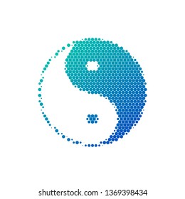 Halftone round Yin Yang icon in blue gradient. Vector illustration isolated on white background