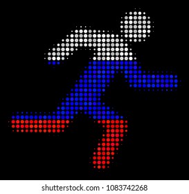 Halftone Running Man icon colored in Russian state flag colors on a dark background. Vector composition of running man icon done of circle items.