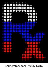 Halftone Rx Symbol icon colored in Russia official flag colors on a dark background. Vector collage of Rx symbol icon constructed with round spots.