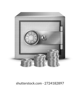 Medio tono seguro con pilas de monedas, símbolo de ahorro seguro, protección de la riqueza y seguridad financiera. Ilustración monocromática mínima aislada en blanco para conceptos de finanzas, banca e inversión.