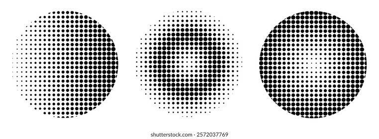 Half-tone samples. Black and white half-tone textures. Isolated dotted circled patterns. A set of round half tone elements.
