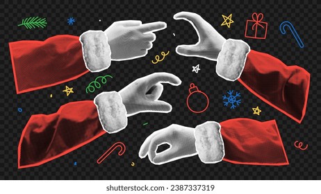 Halftone Santa Claus hands. Vector illustration with retro Santa Claus hands isolated on checkered background for decoration Christmas or New Year collage, ads, poster, greeting, social media.