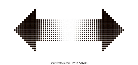 Halftone scale with double-sided arrow on a white background. Movement left and right with fading in the middle. Pixel arrow in retro video game style. Vector illustration