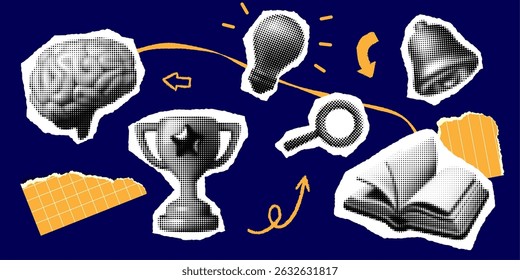 Halftone school collage elements. Vector paper sticker design, brain, lightbulb, magnifying glass, book, bell and trophy. Poster background template. Newspaper torn pieces