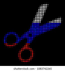 Halftone Scissors pictogram colored in Russian official flag colors on a dark background. Vector concept of scissors icon combined from round pixels.
