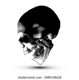 Halftone screaming skull from 3D rendering isolated on white background. Black and white vector illustration.