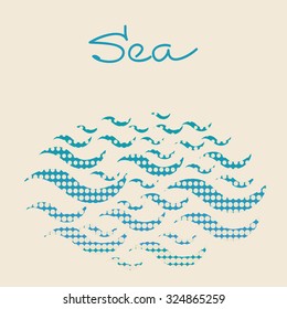 Halftone sea waves on the beige background. Vector illustration