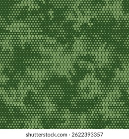 Halftone seamless camouflage texture. Dotted squares camo in dark khaki green colors pattern. Camo digital two color background. Vector wallpaper