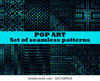 Halftone seamless pattern set, dotted backdrop with heart pop art style. St. Valentine's Day a collection of backgrounds. Vector illustration