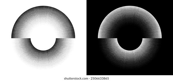 Semicírculos de semicírculo de tono como icono o fondo. Vector Abstractas con puntos como logotipo o concepto de sol. Forma negra sobre un fondo blanco y la misma forma blanca en el lado negro.