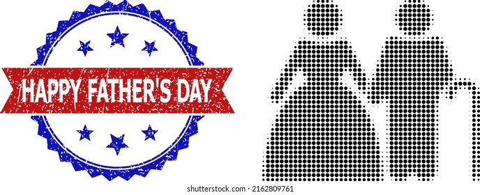 Halftone senior family icon, and bicolor grunge Happy Father'S Day watermark. Halftone senior family icon is designed with small spheric dots. Vector watermark with distress bicolored style,