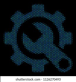 Halftone Service tools collage icon of circle bubbles in blue color tinges on a black background. Vector circle bubbles are organized into service tools mosaic.