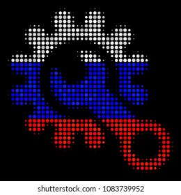 Halftone Service Tools icon colored in Russia official flag colors on a dark background. Vector concept of service tools icon designed of spheric elements.