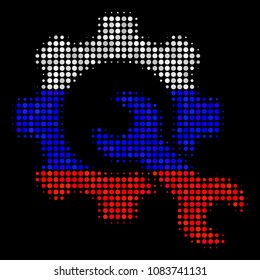 Halftone Service Tools icon colored in Russian official flag colors on a dark background. Vector pattern of service tools icon organized of spheric elements.