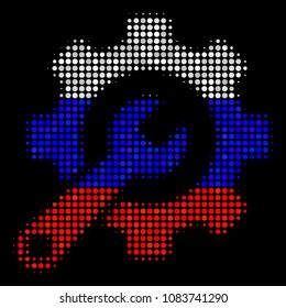 Halftone Service Tools icon colored in Russian official flag colors on a dark background. Vector pattern of service tools icon constructed with round elements.