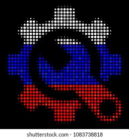 Halftone Service Tools pictogram colored in Russia official flag colors on a dark background. Vector collage of service tools icon done with circle items.