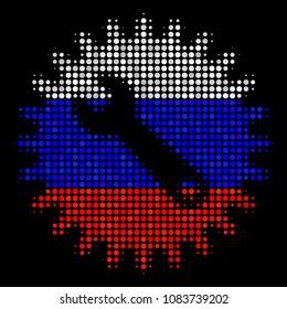 Halftone Service Tools pictogram colored in Russian official flag colors on a dark background. Vector composition of service tools icon made from circle blots.