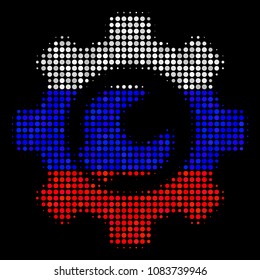 Halftone Service Tools pictogram colored in Russian state flag colors on a dark background. Vector composition of service tools icon created from round elements.