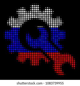 Halftone Service Tools pictogram colored in Russia official flag colors on a dark background. Vector composition of service tools icon formed with circle blots.