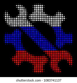 Halftone Service Tools pictogram colored in Russian official flag colors on a dark background. Vector mosaic of service tools icon formed with round items.