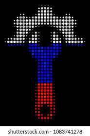 Halftone Service Tools pictogram colored in Russia state flag colors on a dark background. Vector pattern of service tools icon made from round elements.