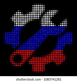 Halftone Service Tools pictogram colored in Russian official flag colors on a dark background. Vector mosaic of service tools icon formed from round pixels.