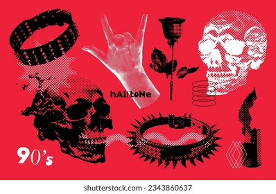 Halftone set of dotted rose, rock gesture, skull in dor point realistic illustration. Grunge routh collage elements. Trendy y2k vector collection.