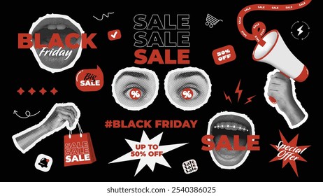 Halbtonsatz für Black Friday. Kreative Collage Elemente Lippen, Mund, Hand mit Megaphon, Augenuhr und mehr. Papier trendige Aufkleber zum Verkauf Design. Y2K moderne Details für Banner. Vektorgrafik