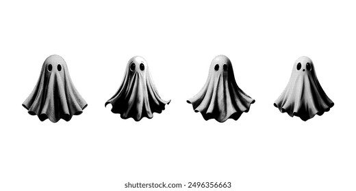 Half-tone set of ghosts. Vector drawing from dots, collage element, Halloween.